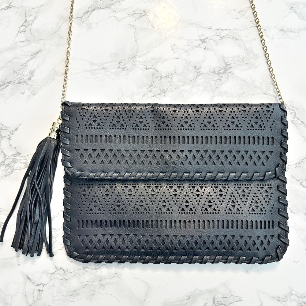 Bam Forever Laser Cut Vegan Leather Tassel Gold Chain Crossbody Purse Clutch